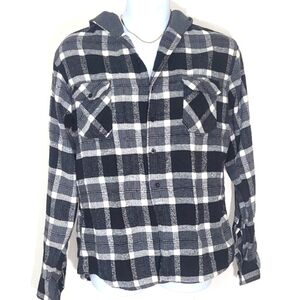 Blue Gear Flannel Hoodie Shirt button-down Plaid Shacket Long sleeve XL
